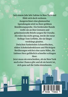 Text über Sabines Herausforderung und Gefühle in New York. Hintergrund: grüne Skyline mit Schneeflocken-Illustration.