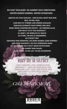 "Bury Me in Silence" in großer Schrift. Darunter: Zwei Männer, eine zerbrochene Wahrheit... Gigi Blackmore. Hintergrund: Blumenmuster.