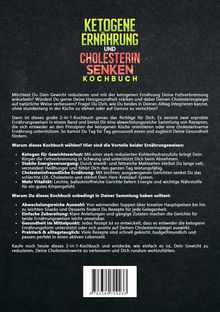 Im oberen Teil steht: "KETOGENE ERNÄHRUNG UND CHOLESTERIN SENKEN KOCHBUCH". Darunter finden sich beschreibende Texte über die Vorteile.
