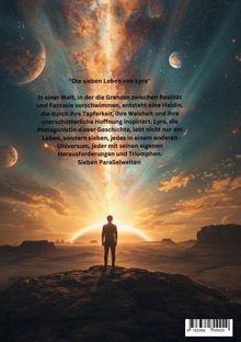 Eine Person steht vor einem fantasievollen, leuchtenden Himmel mit Planeten und Lichtstrahlen, die den Horizont erhellen.
