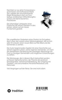 Text beschreibt das Buch eines Pastors über Glauben und Werkzeuge. Enthält Reflexionen und Geschichten über Gemeinden. Enthält ein Porträt. Logo unten links.