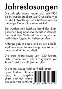 "Jahreslosungen" mit Erklärung der Tradition seit 1930. Erste Losung: „Ich schäme mich...“ (Römer 1,16). Text und Barcode.