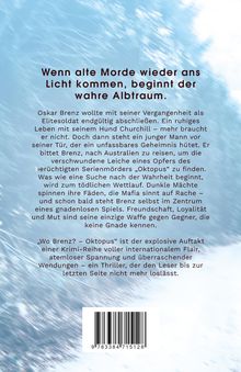Text: Eine spannende Krimireihe beginnt, alte Morde tauchen auf, ein spannungsgeladener Thriller mit Überraschungen. Hintergrund: Blau-weißes Muster. Am unteren Rand ein Barcode.