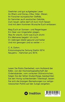 Der Text enthält ein Gedicht und weitere Zeilen über Insekten und Entomologie. Unten ist ein Verlagslogo zu sehen.