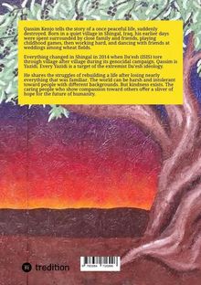 Ein Text beschreibt das Leben von Qassim Kenjo, einem Jesiden aus Shingal, beeinflusst durch ISIS. Eine bunte Illustration zeigt einen Baum vor einem Sonnenuntergang.