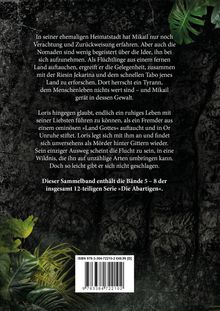 Text beschreibt Mikas und Loris' Konflikte in einer brutalen Welt. Grünpflanzen zieren den Hintergrund mit dunklen Steinen.