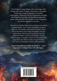 Ein Sammelband enthält Bände 9-12 der Serie »Die Abartigen«. Im Hintergrund dunkle Berge und lodernde Flammen.