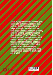 Ein Text beschreibt kriminelle Strukturen an einer Universität in Budapest. Hintergrund: Diagonale rot-grüne Streifen.