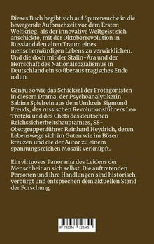 Text auf braunem Hintergrund: Eine Buchbeschreibung über historische Themen und Protagonisten wie Sabina Spielrein und Leo Trotzki.