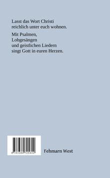 Schrift auf grauem Hintergrund: "Lasst das Wort Christi reichlich unter euch wohnen..." Unten steht "Fehmarn West" neben einem Barcode.