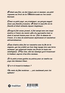 Ein Text erzählt von einem Prinzen, der auf einer Reise Erfahrungen sammelt. Erwähnt eine weise Fee und das Streben nach Glück. Unten links ist ein Logo von "tredition".