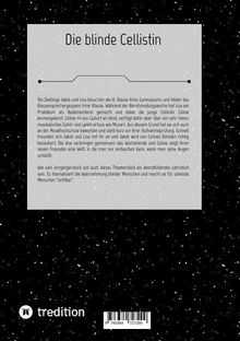 Ein grauer Textblock auf schwarzem, sternenbedecktem Hintergrund. Texttitel: "Die blinde Cellistin". Unten links: "tredition".