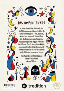 "DAS KONFLIKT-THEATER" ist ein erzählerisches Fachbuch zum Konfliktmanagement. Buntes, abstraktes Design mit Formen und Symbolen.