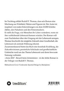 Der Text beschreibt ein Buch von Rudolf F. Thomas über Lebenserwartung als Währung. Unten links ist ein Logo von "tredition".