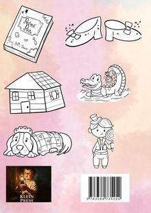 Text: „Peter Pan“, „KLEIN PRESS“. 
Illustration mit einem Buch, Schuhen, Haus, Krokodil, Hund, Kind mit Lutscher, Barcode.