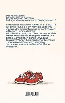 Text: Über das Laufen und Denken, tiefgründig und humorvoll. Darunter eine Illustration von roten Turnschuhen.