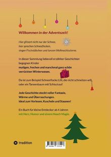 "Willkommen in der Adventszeit! Hier glitzert nicht nur der Schnee, hier sprechen Schneeflocken... Ein Buch für kleine Entdecker." Im Bild sind bunte Ornamente und ein Tannenbaum abgebildet.
