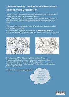 Text: "Ich erinnere mich – an meine alte Heimat, meine Kindheit, meine Geschichten." Unten Schwarz-Weiß-Illustrationen.