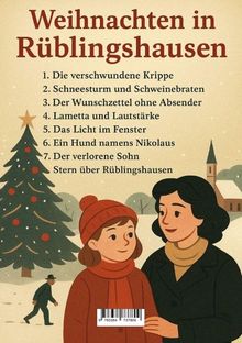 "Weihnachten in Rüblingshausen" mit einer Liste von Geschichten. Illustration: Frau und Kind vor einem Weihnachtsbaum.