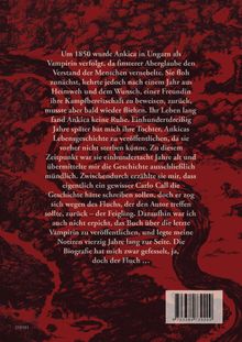 Text über ein Schicksal einer Vampirin namens Ankica, verfolgt im Jahr 1850 in Ungarn; Hintergrund rot mit dunklen Illustrationen.