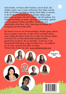 Texte beschreiben ein Buchprojekt für Kinder 10-12 Jahre, das Fantasie, Humor und Kreativität fördert. Kreise zeigen Porträts.