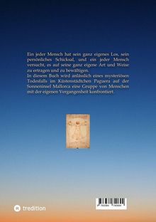 Text über das menschliche Schicksal und ein mysteriöser Todesfall auf Mallorca; darunter Da Vincis "Vitruvianischer Mensch".
