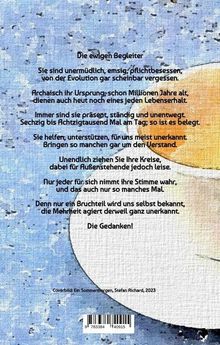 Text über Gedanken auf abstraktem Hintergrund. Farben: Blau, Orange, Weiß. Gezeichnete, runde Formen.