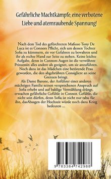 Covertext: "Gefährliche Machtkämpfe, eine verbotene Liebe und atemberaubende Spannung!" Im Hintergrund sanfte, goldene Töne.