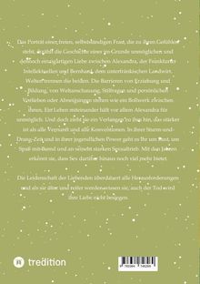 Ein Text beschreibt eine unmögliche Liebe zwischen Alexandra, einer Intellektuellen, und Bernhard, einem Landwirt. Links unten ein Logo von tredition. Hintergrund: Olivgrün mit weißen Punkten.