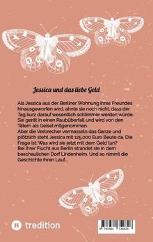 "Jessica und das liebe Geld" Text auf rosafarbenem Hintergrund mit weißen Schmetterlingen verziert.