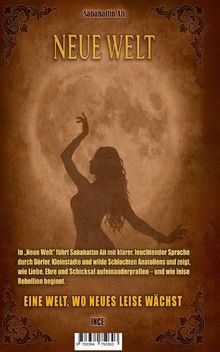 Titel: NEUE WELT. Silhouette einer tanzenden Frau vor Vollmondhintergrund.