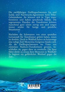 Text: Die zwölffährigen Zwillingsschwestern Iya und Izolda sind Nachwuchs-Agentinnen beim Polar-Geheimdienst. Beschreibung: Polarlicht über verschneiten Bergen.