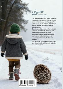 Texte: „Lumi und der Igel“ und eine Vorlesegeschichte über Freundschaft. Kleines Kind und Igel auf schneebedecktem Weg.