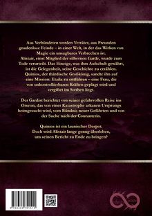 Text über Verrat und Magie, Alistair wird zum Tod verurteilt und erhält die Chance, seine Geschichte zu erzählen. Dunkler Hintergrund.