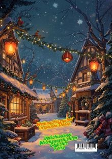 Ein verschneiter Weihnachtsmarkt mit Lichterketten und Laternen. Texte: „Weihnachtszauber in kleinen Dosen“, „Verschiedene Weihnachtsgeschichten, Gedichte, Reime“.