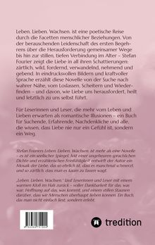 Text beschreibt "Leben. Lieben. Wachsen." als poetische Reise über Liebe und menschliche Beziehungen. Links Barcode.
