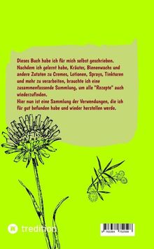 Text über selbstgeschriebenes Buch über Kräuterverarbeitung. Grüne Illustration mit Blütenranken auf hellem Hintergrund.