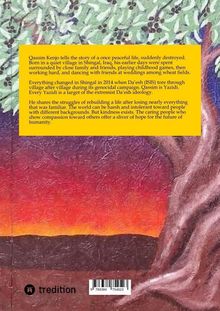 Ein Text beschreibt das Schicksal von Qassim Kenjo, einem Jesiden aus Shingal, Irak. Hintergrund: eine farbenfrohe Illustration.