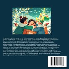 Text über einen Weihnachtsengel, der Geschenke bringt, Abenteuer mit Elfen erlebt und wahre Weihnachtsfreude entdeckt. Illustration: Drei fröhliche Kinder.
