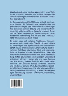 Ein Text beschreibt Ali Schariatis Analyse der geistigen Verdummung. Unten ist ein Barcode, Hintergrund ist hellblau.