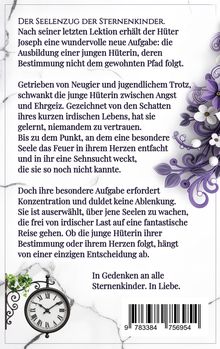 Text über eine junge Hüterin und ihre Bestimmung. Dekoration mit lila Blumen und eine antike Uhr unten links.