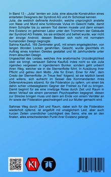 Text über Julia, eine weibliche Androidin, und Sahina Kaulfuß, eine Gefährtin; beschreibt deren ungewöhnliche Schicksale. Unten sind QR-Code und zwei Logos auf blauem Hintergrund.
