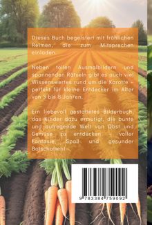 Das Bild zeigt einen Text über ein Bilderbuch mit Reimen, Ausmalbildern und Rätseln für Kinder von 3 bis 8 Jahren. Im Hintergrund ist ein Feld mit Reihen von Karotten zu sehen.