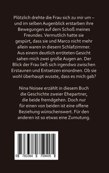 Text über das Erstaunen und Entsetzen einer Frau im Schlafzimmer, gefolgt von einer Beschreibung eines Buches von Nina Noisee. Unten ein Barcode.
