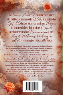 Oben zitiert Alvara De Rosa emotionale Eindrücke. Unten beschreibt ein Text Konflikte und Anziehung in einer dramatischen Geschichte. Hintergrund in erdigen Tönen, zwei Rosen in den Ecken.