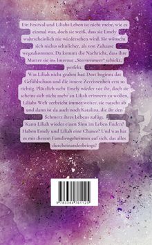 Ein Text beschreibt die Geschichte von Liliah, die mit Verlusten und Chaos kämpft. Farbig lila Hintergrund mit Barcode.