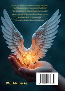Text über eine spirituelle Reise, gefallene Engel und Erinnerung. Unten: "Willi Meinecke". Hintergrund: Flügel und leuchtende Schneeflocke.