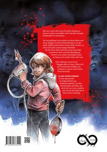 Texte: „Was tun, wenn sich etwas Fremdes Zugang zu deinem Leben verschaffen will?“ Illustration: Kind mit Pfanne, blutiger Hintergrund.