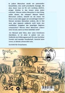 Text: „In jedem Menschen steckt ein potenzieller Gewalttäter [...] Ein Krimi für Erwachsene.“ Unten eine Zeichnung mit Auto und Gesicht.