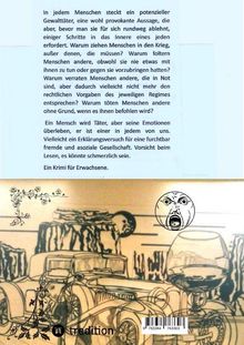 Ein Text über die menschliche Natur und Gewalt. Darunter eine Illustration von Autos und floralen Mustern mit einem schreienden Gesicht.